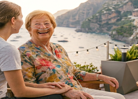 Pflegekraft hält die Hand einer lachenden älteren Frau mit Sauerstoffschlauch auf einer Terrasse mit Meerblick